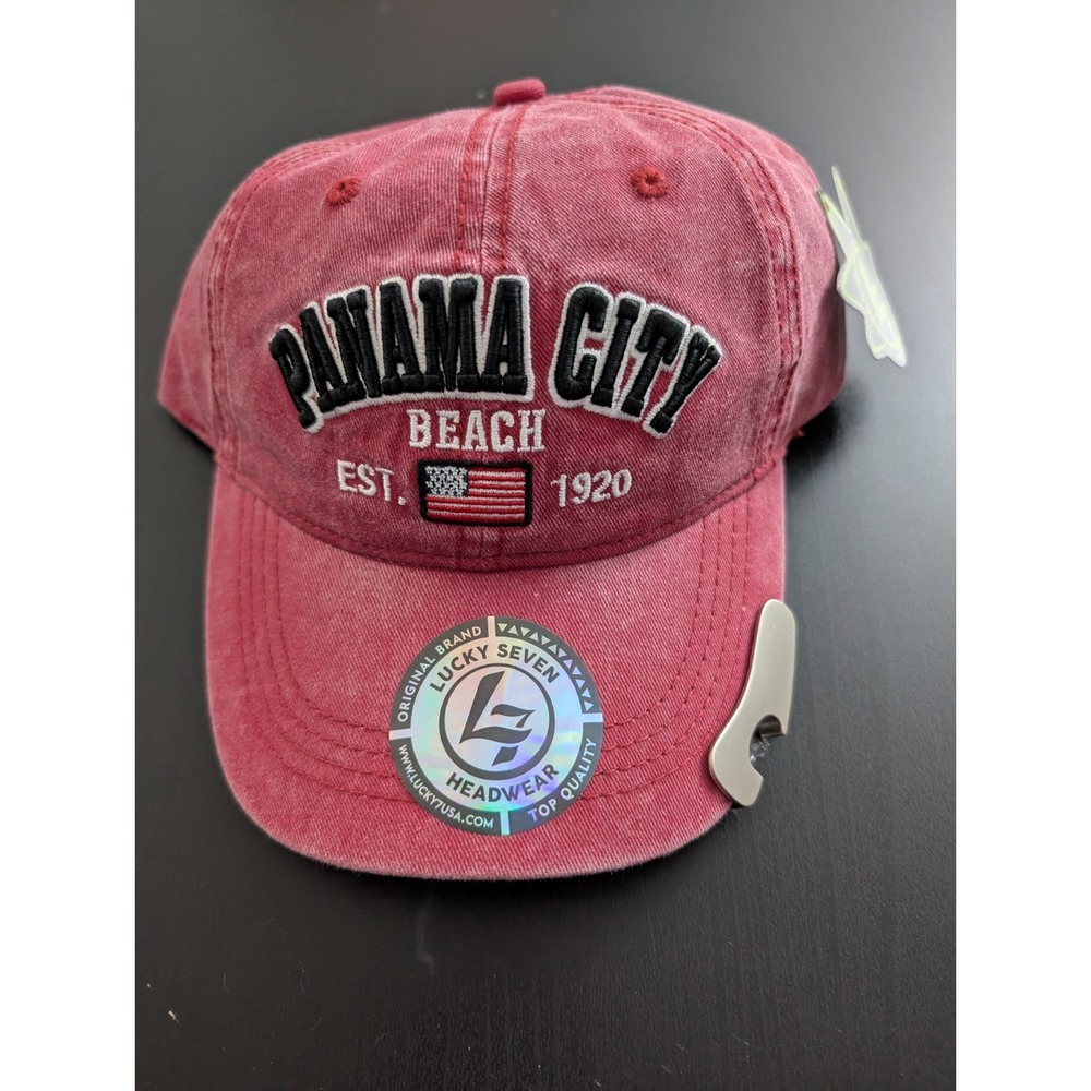 Lucky 7 USA Hat Cap Red Panama City Beach Florida FL Baseball Burnout Faded NWT
